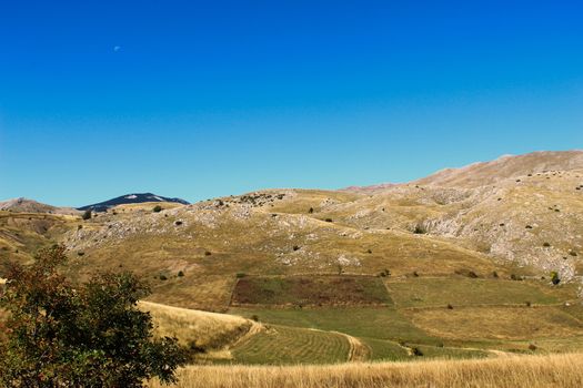 Hilly and mountainous landscape on the Bosnian mountain Bjelasnica. Bjelasnica, Bosnia and Herzegovina.