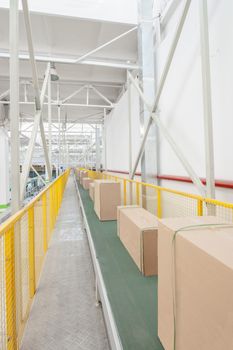 packed electrical engineering cardboard boxes on a conveyor belt in factory