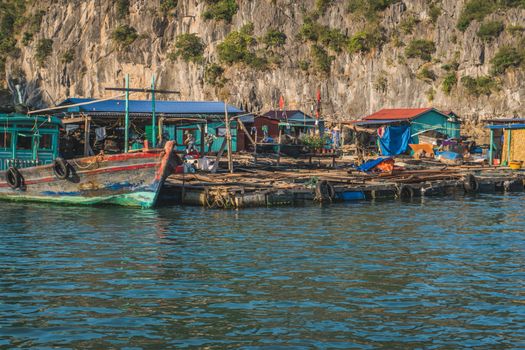 Floating Fishing Village In The Ha Long Bay. Cat Ba Island, Vietnam Asia