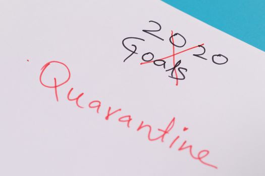 Notepad page with crossed out annual 2020 goals due to coronavirus covid-19 Quarantine - Concept cancelled planes or goals due to covid-19 pandemic outbreak.