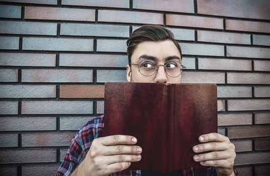 Portrait of smiling handsome man in round glasses and shirt isolated on brown brick wall.