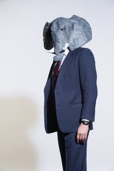 A man in a suit and an elephant mask on a light background. Conceptual business background