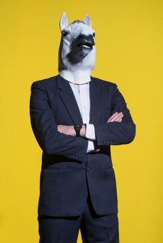 A man in a suit and a horse mask on a yellow background. Conceptual business background