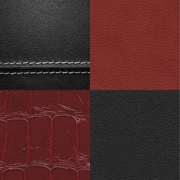 Leather backgrounds close-up set. Two black and two dark red textures.