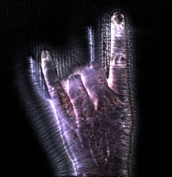 3D-Illustration of a glowing human female hand with a kirlian aura showing different symbols.