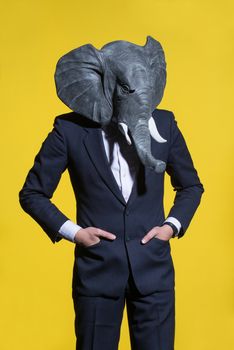 A man in a suit and an elephant mask on a yellow background. Conceptual business background