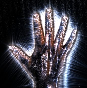 3D-Illustration of a glowing human female hand with a kirlian aura showing different symbols.