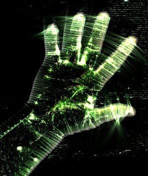 3D-Illustration of a glowing human female hand with a kirlian aura showing different symbols.