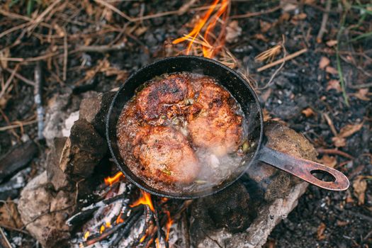 Frying meat in a pan over an open fire with leek. Steak in a pan on a bonfire with seasonings. Cooking in nature. Picnic. Grill on fire.