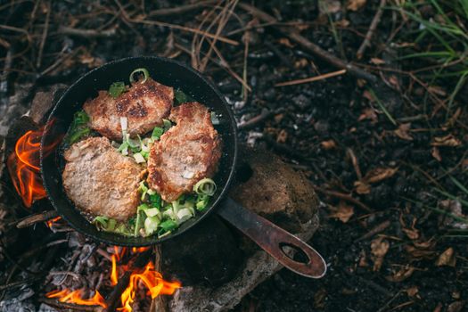 Frying meat in a pan over an open fire with leek. Steak in a pan on a fire. Cooking in nature. Picnic. Grill on fire.