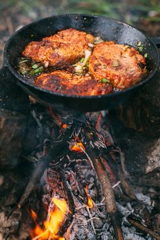 Frying meat in a pan over an open fire with leek. Steak in a pan on a fire. Cooking in nature. Picnic. Grill on fire. Cooking meat in wine with seasonings.