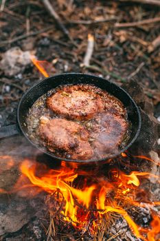 Frying meat in a pan over an open fire with leek. Steak in a pan on a fire. Cooking in nature. Picnic. Grill on fire. Cooking meat in wine.