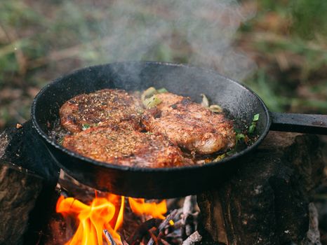 Frying meat in a pan over an open fire with leek. Steak in a pan on a fire. Cooking in nature. Picnic. Grill on fire.