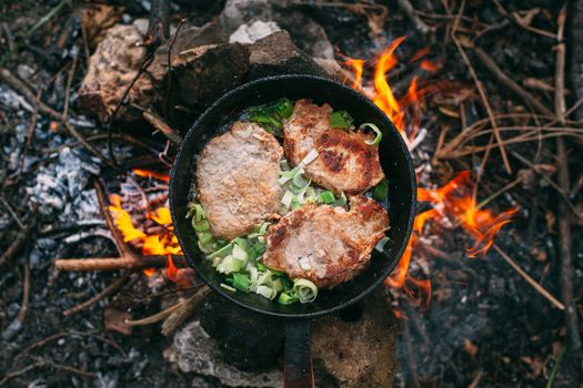 Frying meat in a pan over an open fire with leek. Steak in a pan on a fire. Cooking in nature. Picnic. Grill on fire.