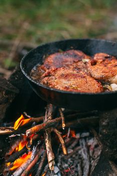 Frying meat in a pan over an open fire with leek. Steak in a pan on a bonfire with seasonings. Cooking in nature. Picnic. Grill on fire.