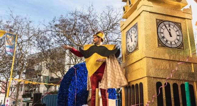 Loule, Portugal - February 25, 2020: BREXIT float parading in the street in front of the public in the parade of the traditional carnival of Loule city on a February day