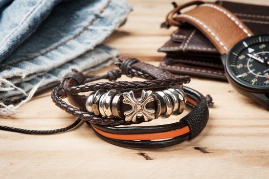 Close up bracelet for men, men accessories in casual style.