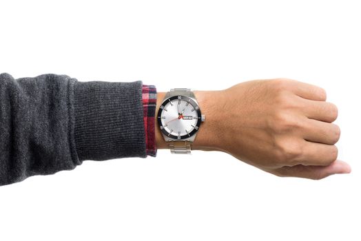 luxury watch on man's wrist over white background