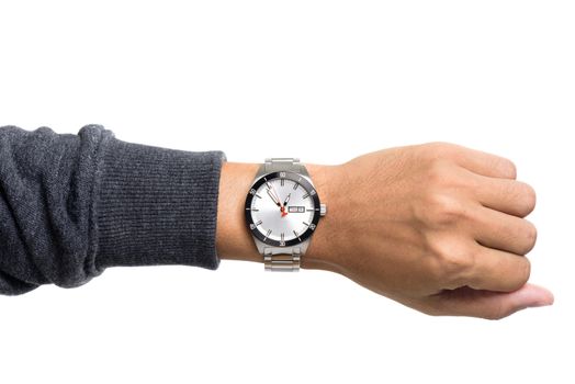 luxury watch on man's wrist over white background