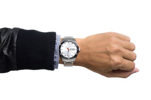 luxury watch on man's wrist over white background