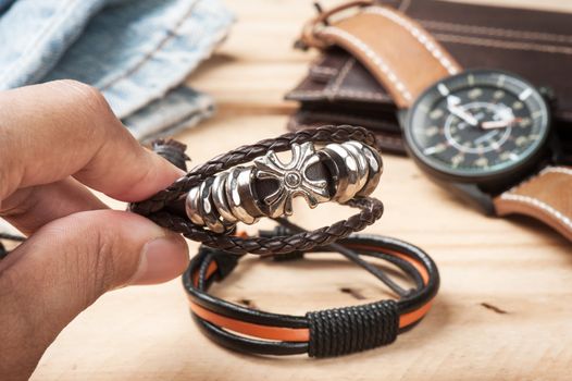 Close up bracelet for men, men accessories in casual style.