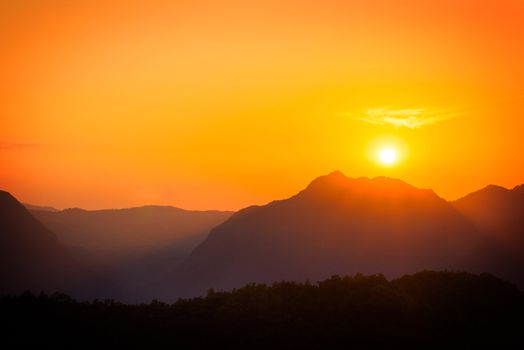 sunset in the mountains in Tak province, Thailand.