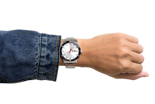 luxury watch on man's wrist over white background