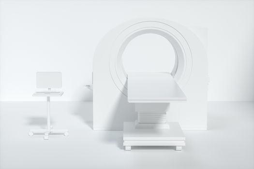 The medical equipment CT machine in the white empty room, 3d rendering. Computer digital drawing.