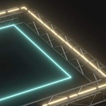 Steel frame and luminous cubes, 3d rendering. Computer digital drawing.