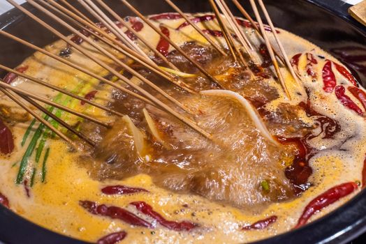 Sichuan boiling chuanchuan with chili pepper in Chengdu, Sichuan province, China