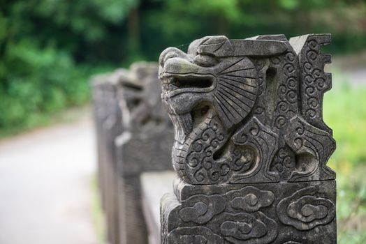 Lion stone statues on a bridge in Jiezi, Sichuan province, China