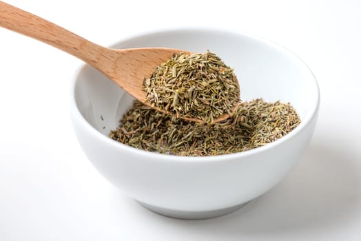 Closeup organic dried thyme, ingredient for cooking. Herb concept.