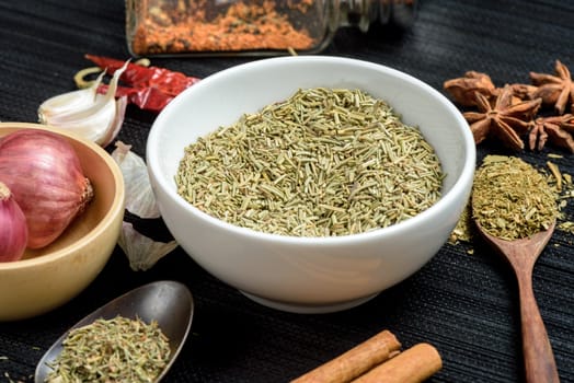 closeup dried rosemary in the kitchen. herbs for cooking.