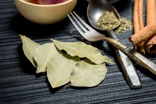 closeup dried bay leaves in the kitchen. herbs for cooking.