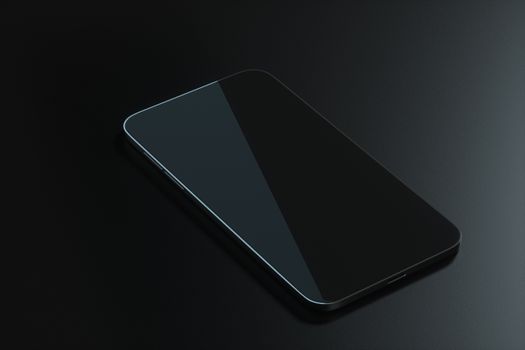The black mobile phone on the black table, 3d rendering. Computer digital drawing.