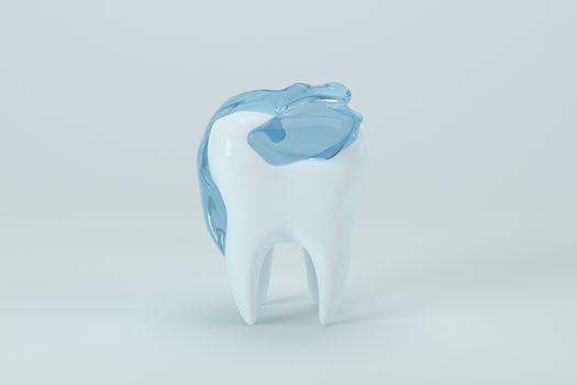 White tooth with blue liquid on it, 3d rendering. Computer digital drawing.