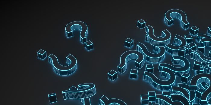 Glowing question marks with dark background, 3d rendering. Computer digital drawing.