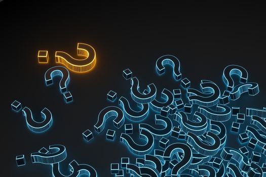 Glowing question marks with dark background, 3d rendering. Computer digital drawing.
