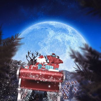 Santa flying his sleigh against christmas village under full moon