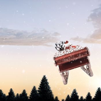 Santa flying his sleigh against snow falling on fir tree forest