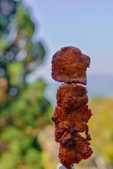 Thai street food. Delicious Chicken mixed with Thai herb grilled with wooden stick.