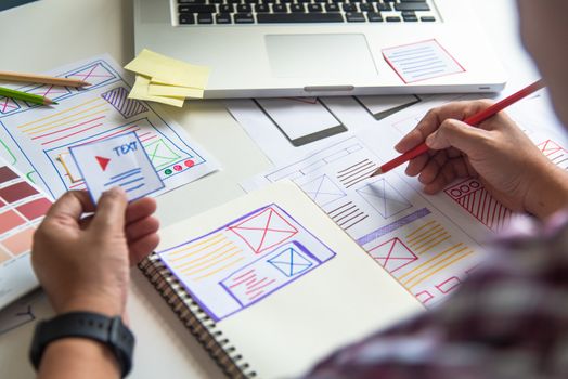 designer graphic creative ,creativity woman  working on laptop and designing  coloring color ideas style