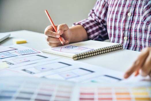 Website designer Creative planning application development  graphic creative ,creativity woman  working on laptop and designing  coloring color ideas style