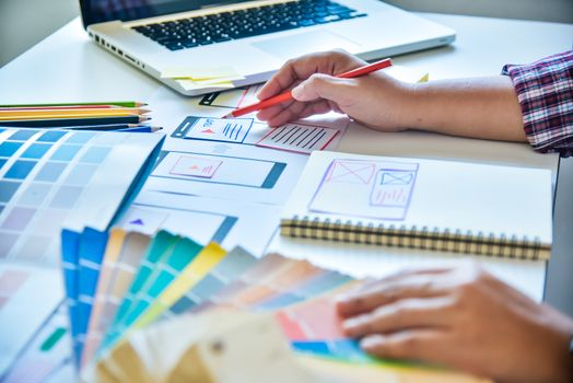 Website designer Creative planning application development  graphic creative ,creativity woman  working on laptop and designing  coloring color ideas style