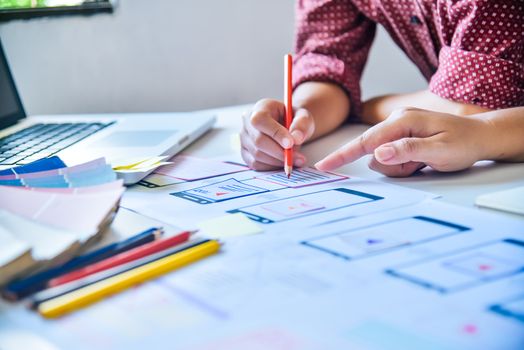 Website designer Creative planning application development  graphic creative ,creativity woman  working on laptop and designing  coloring color ideas style