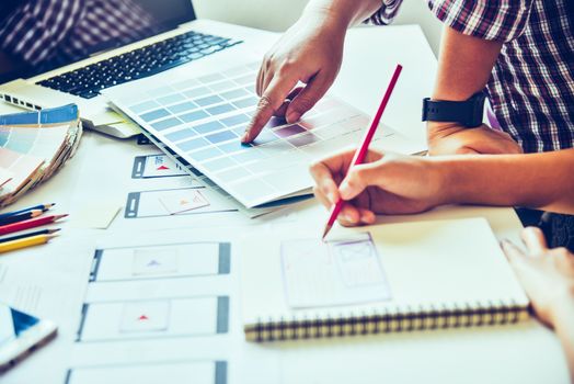 Website designer Creative planning application development  graphic creative ,creativity woman  working on laptop and designing  coloring color ideas style