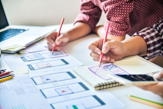 Website designer Creative planning application development  graphic creative ,creativity woman  working on laptop and designing  coloring color ideas style