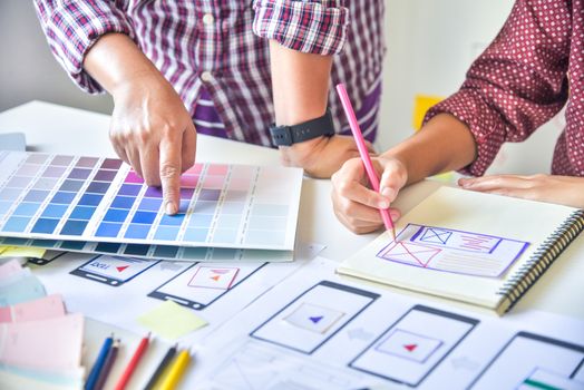 Website designer Creative planning application development  graphic creative ,creativity woman  working on laptop and designing  coloring color ideas style