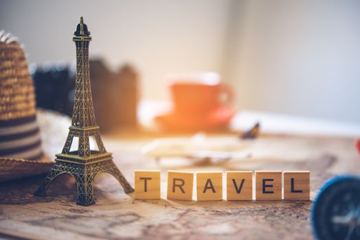 Tourism planning and equipment  needed for the trip and word "Travel"