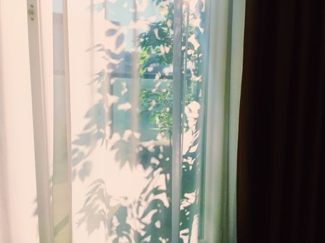 Curtains on window at sunset, furniture and design
